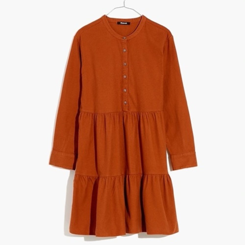 NWT Madewell Flannel Button - Placket Tiered Mini Dress – Size 3X – Burnt Orange